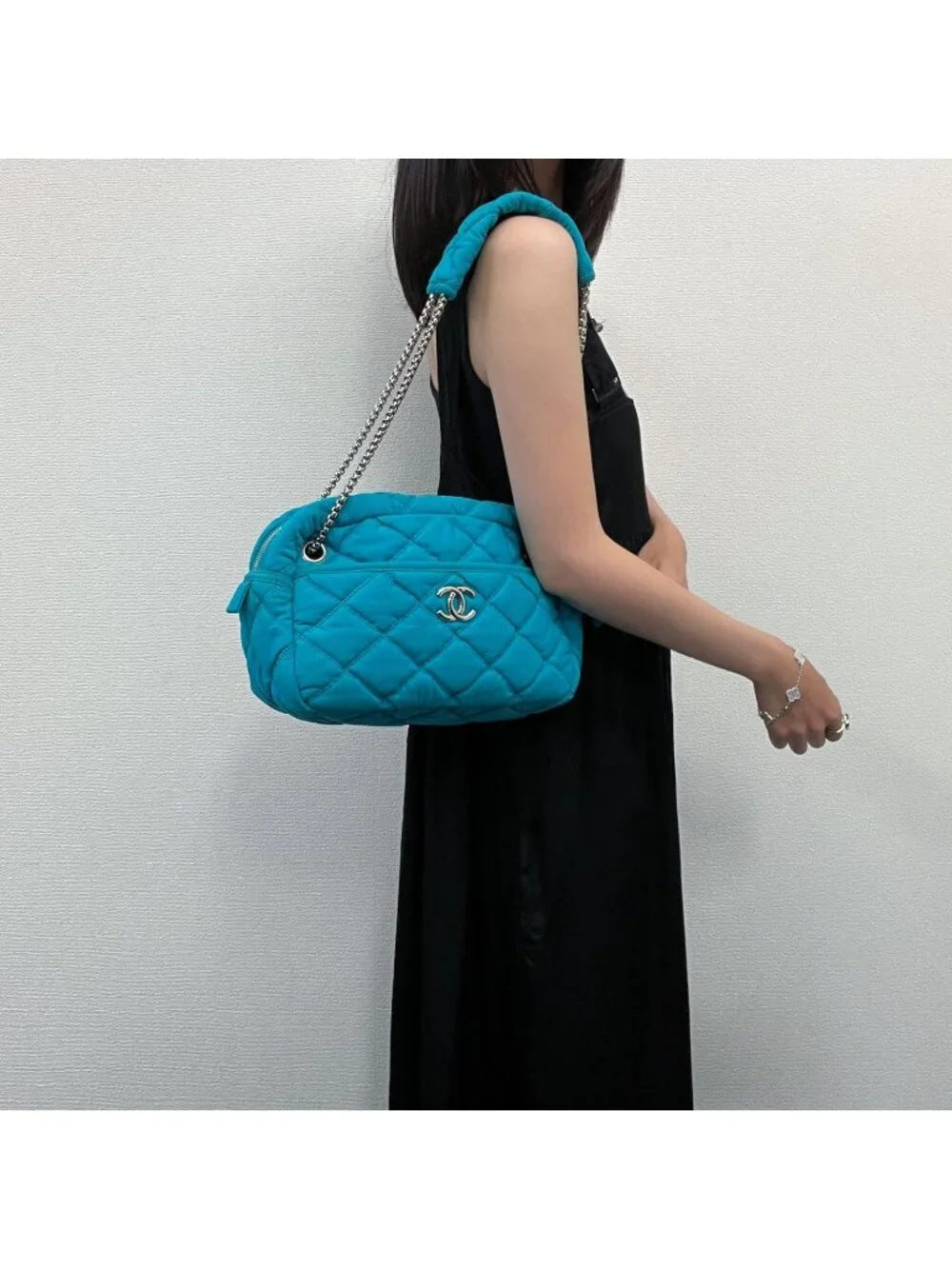 Chanel Bubble Quilt Chain Shoulder Bag Cotton Turquoise Blue Silver Seal Vintage